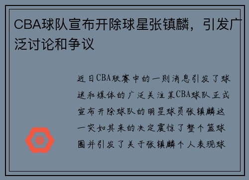 CBA球队宣布开除球星张镇麟，引发广泛讨论和争议