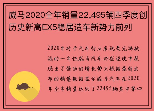 威马2020全年销量22,495辆四季度创历史新高EX5稳居造车新势力前列