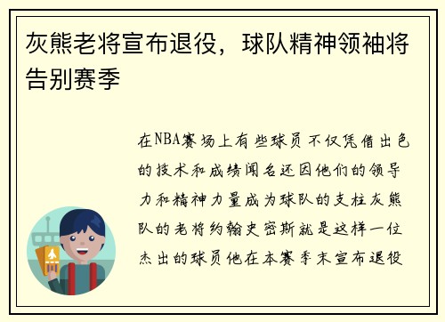 灰熊老将宣布退役，球队精神领袖将告别赛季