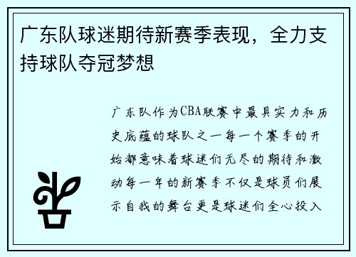 广东队球迷期待新赛季表现，全力支持球队夺冠梦想